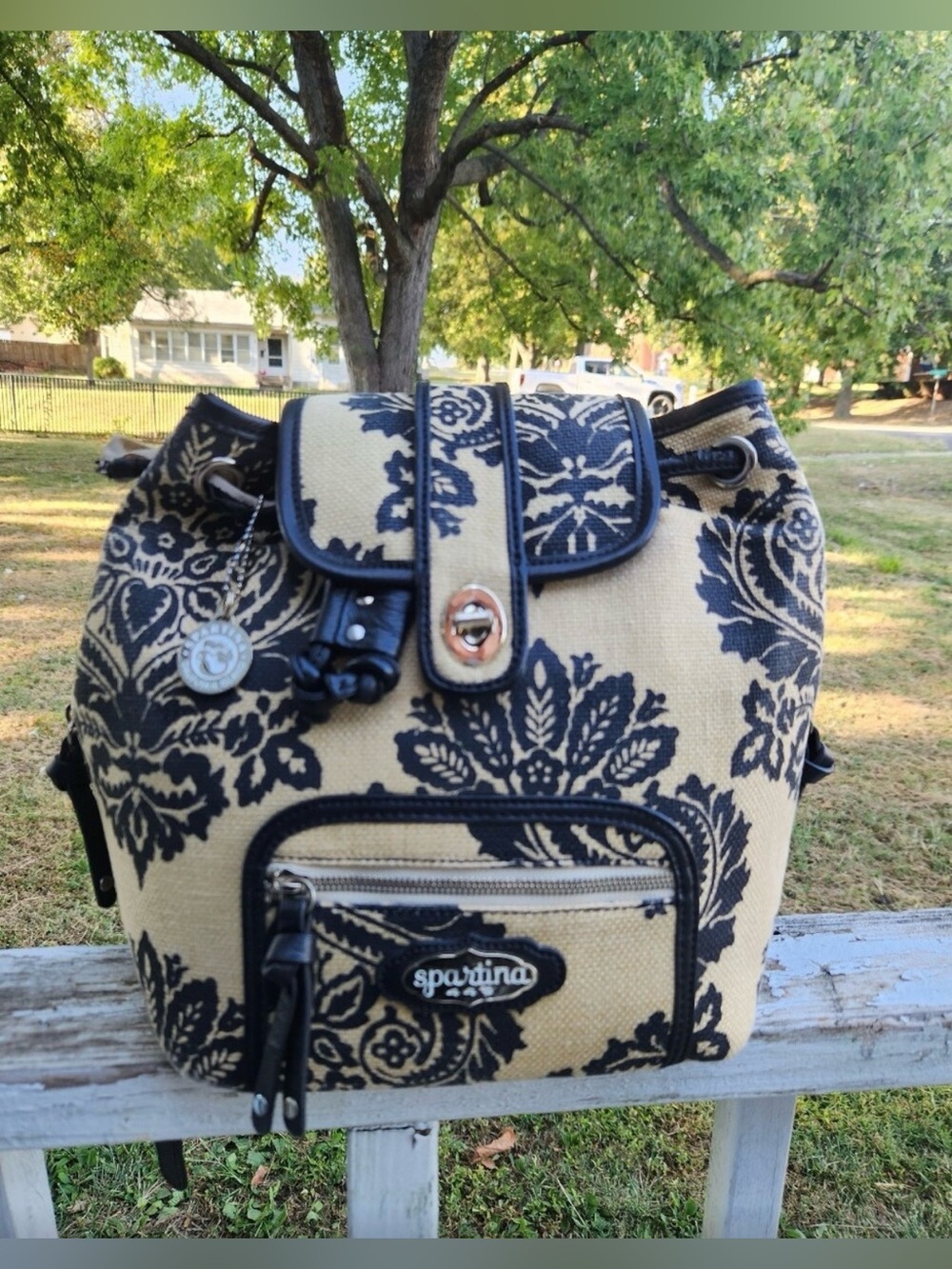 Spartina 449 linen/leather mini backpack black/natural cream damask pattern